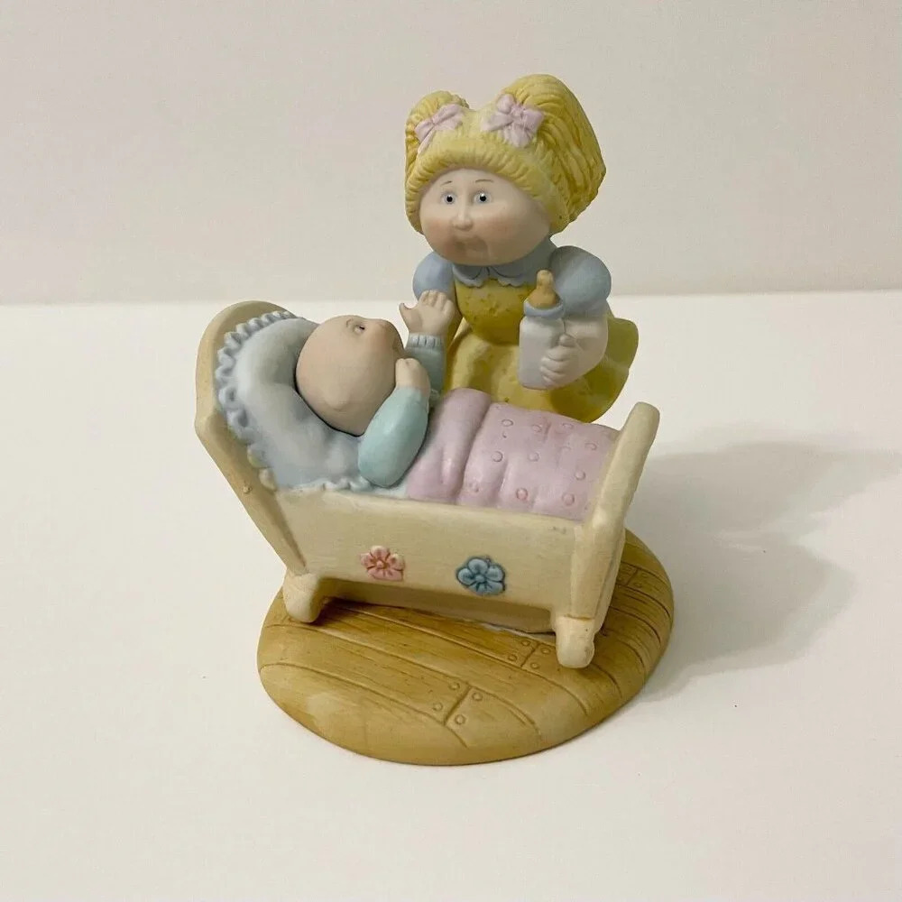 1984 Cabbage Patch Kids Porcelain Figurine Girl Feeding Baby in Cradle